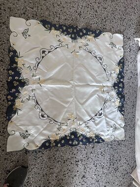 Embroidered White and Navy Floral Table Topper